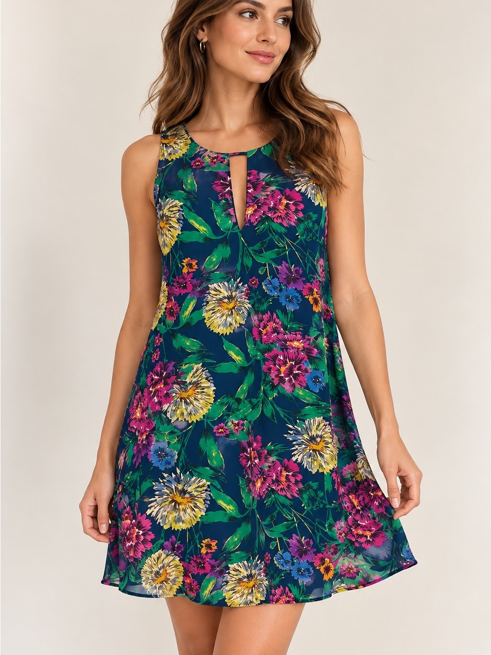 Lavender Brown 100% Silk Botanical Floral Mini Dress Size S
